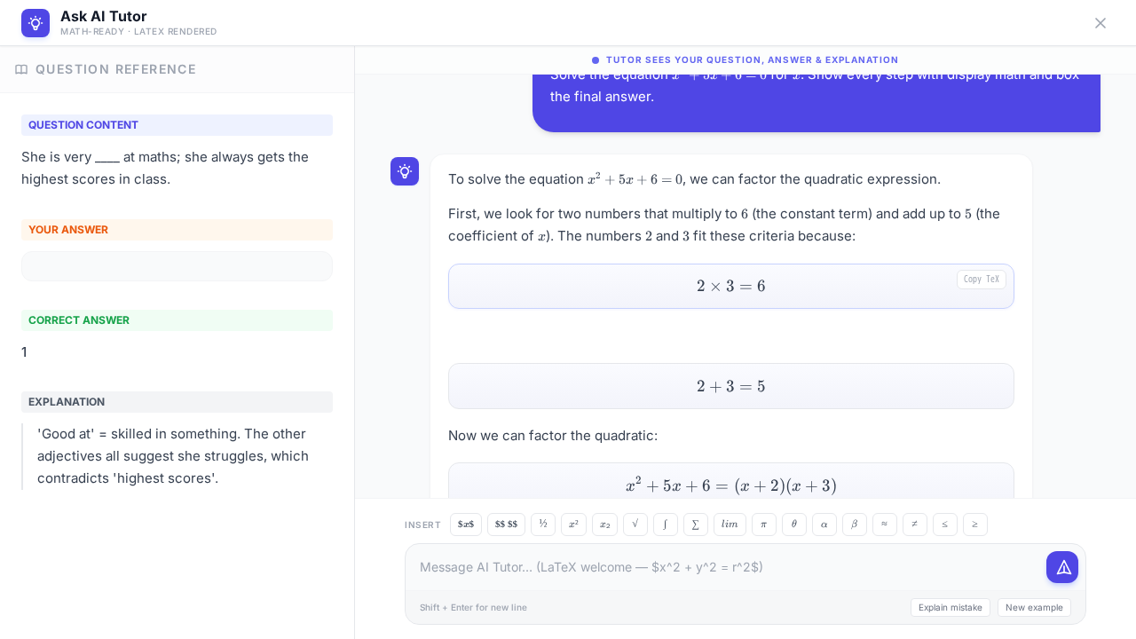 Ask AI Tutor — LaTeX-rendered step-by-step solution