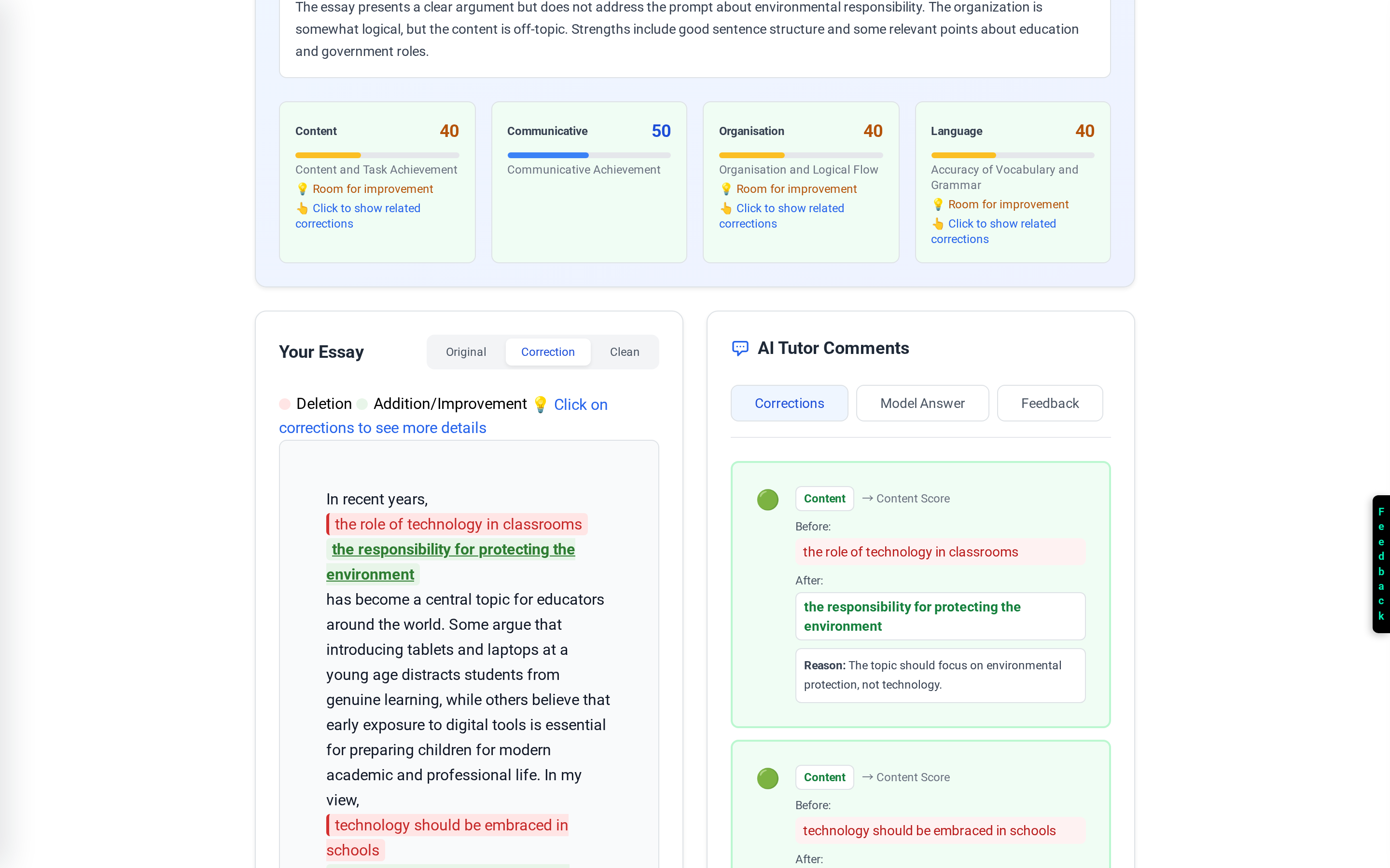 Writing AI feedback — four-criterion Cambridge rubric breakdown